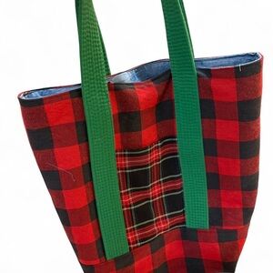 Handmade Plaid Tote Bag with Green Handles